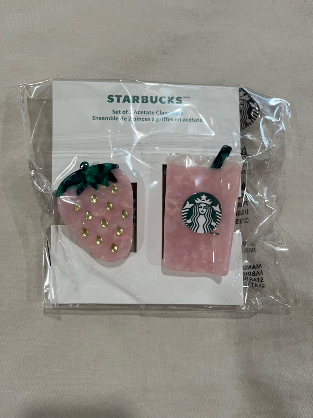 Starbucks Pink Strawberry & Pink Cup Acetate Claw Clips - Picture 2 of 2